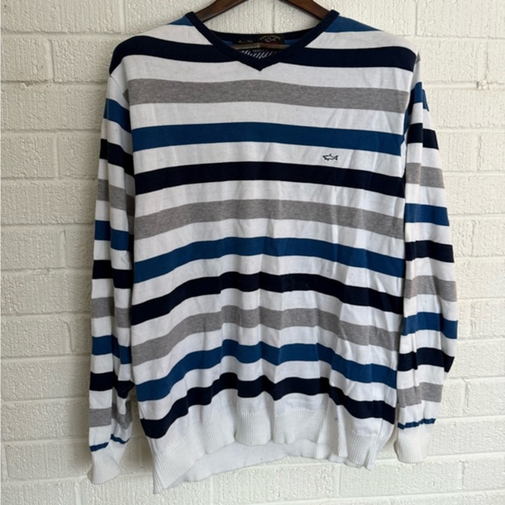 Paul & Shark Striped V-Neck Sweater in Blue and Gray